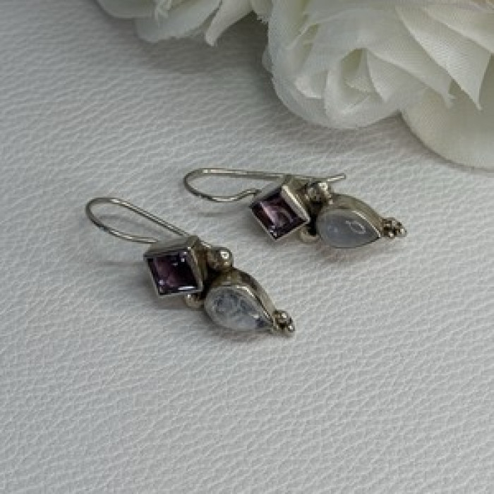 925 Sterling Silver Amethyst & Moonstone Earrings Length 1.30 Inch