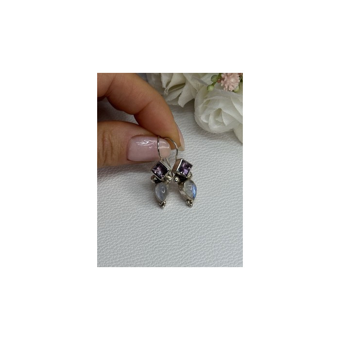 925 Sterling Silver Amethyst & Moonstone Earrings Length 1.30 Inch