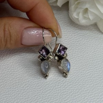 925 Sterling Silver Amethyst & Moonstone Earrings Length 1.30 Inch