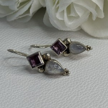 925 Sterling Silver Amethyst & Moonstone Earrings Length 1.30 Inch