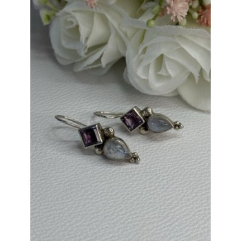 925 Sterling Silver Amethyst & Moonstone Earrings Length 1.30 Inch