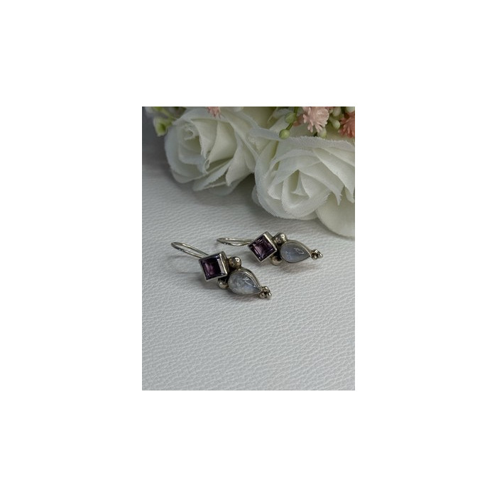 925 Sterling Silver Amethyst & Moonstone Earrings Length 1.30 Inch
