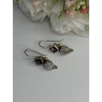 925 Sterling Silver Amethyst & Moonstone Earrings Length 1.30 Inch