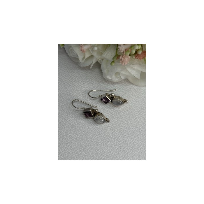 925 Sterling Silver Amethyst & Moonstone Earrings Length 1.30 Inch