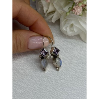 925 Sterling Silver Amethyst & Moonstone Earrings Length 1.30 Inch