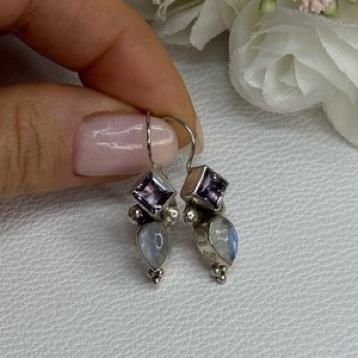 925 Sterling Silver Amethyst & Moonstone Earrings Length 1.30 Inch