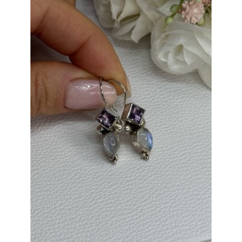 925 Sterling Silver Amethyst & Moonstone Earrings Length 1.30 Inch