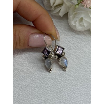 925 Sterling Silver Amethyst & Moonstone Earrings Length 1.30 Inch