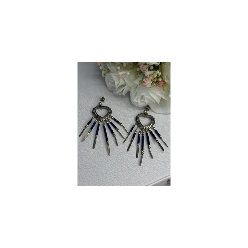 Vintage Native American 925 Sterling Silver Lapis Earrings Length 2.50 Inch