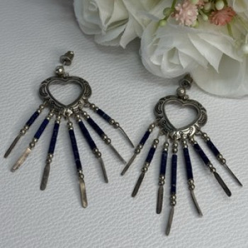 Vintage Native American 925 Sterling Silver Lapis Earrings Length 2.50 Inch