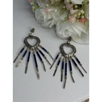 Vintage Native American 925 Sterling Silver Lapis Earrings Length 2.50 Inch