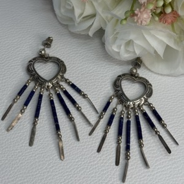 Vintage Native American 925 Sterling Silver Lapis Earrings Length 2.50 Inch