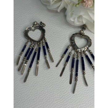 Vintage Native American 925 Sterling Silver Lapis Earrings Length 2.50 Inch
