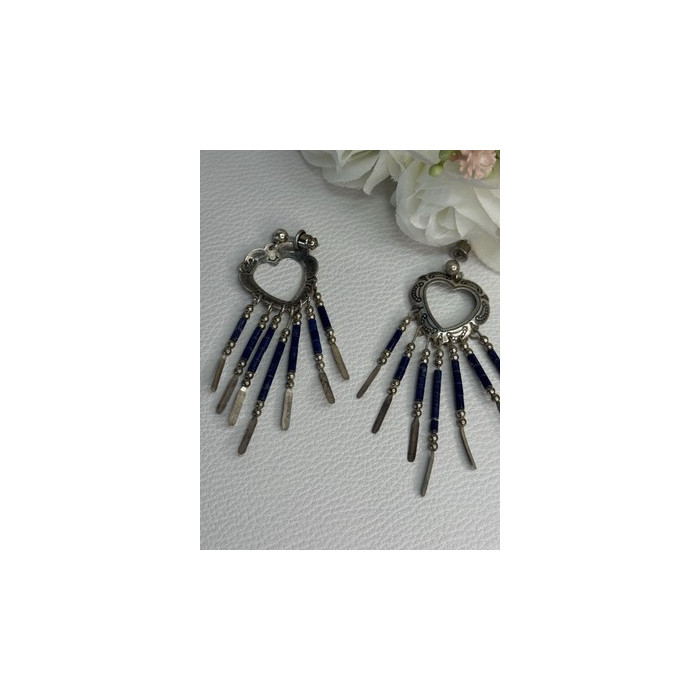 Vintage Native American 925 Sterling Silver Lapis Earrings Length 2.50 Inch