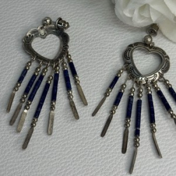 Vintage Native American 925 Sterling Silver Lapis Earrings Length 2.50 Inch