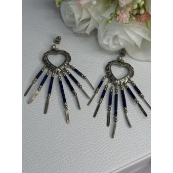 Vintage Native American 925 Sterling Silver Lapis Earrings Length 2.50 Inch