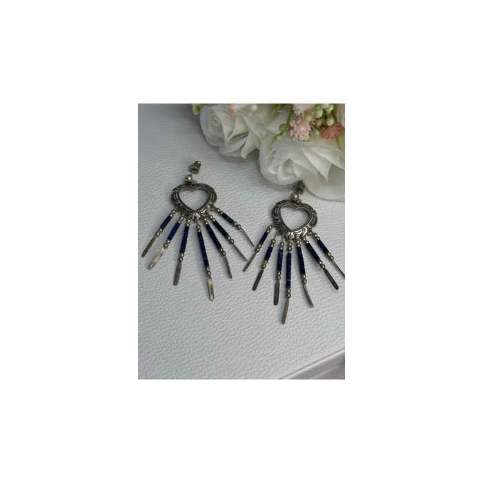 Vintage Native American 925 Sterling Silver Lapis Earrings Length 2.50 Inch