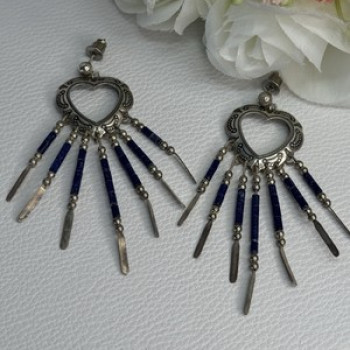 Vintage Native American 925 Sterling Silver Lapis Earrings Length 2.50 Inch