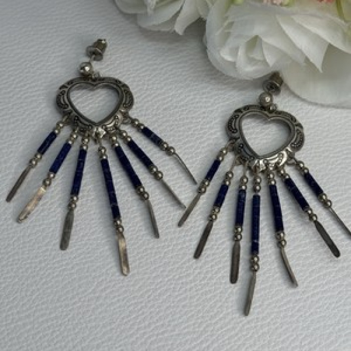Vintage Native American 925 Sterling Silver Lapis Earrings Length 2.50 Inch