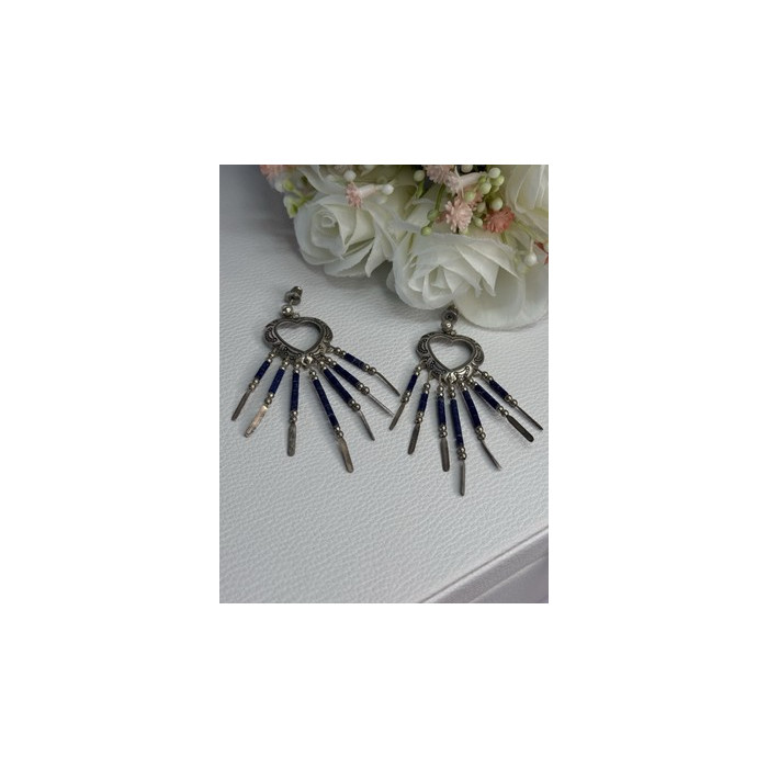 Vintage Native American 925 Sterling Silver Lapis Earrings Length 2.50 Inch