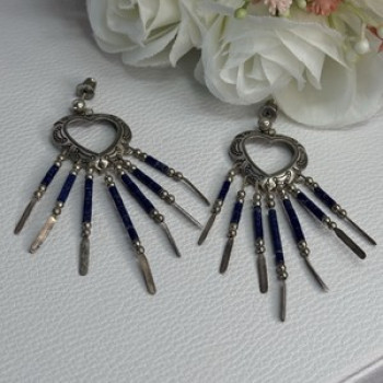 Vintage Native American 925 Sterling Silver Lapis Earrings Length 2.50 Inch