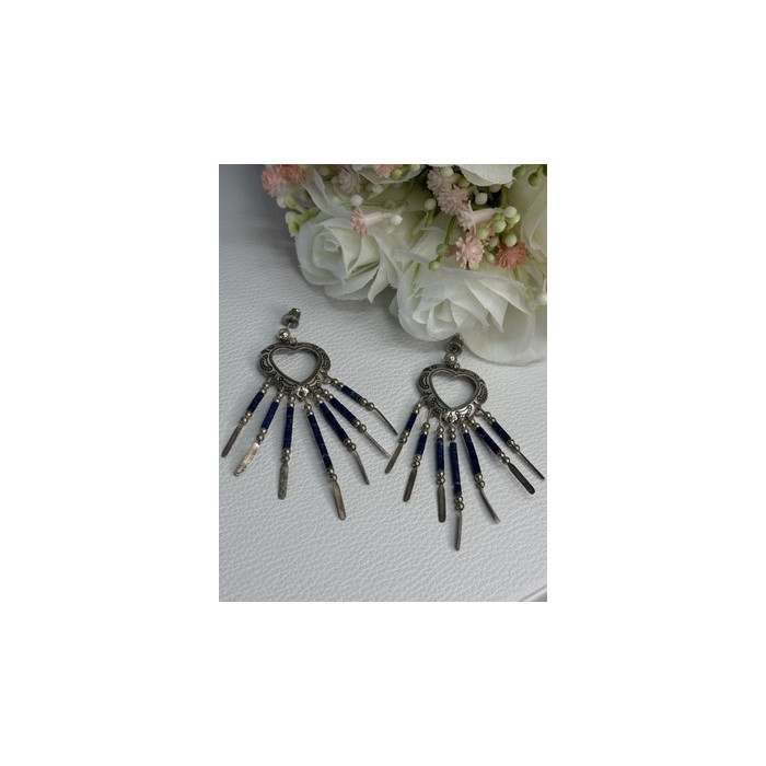Vintage Native American 925 Sterling Silver Lapis Earrings Length 2.50 Inch
