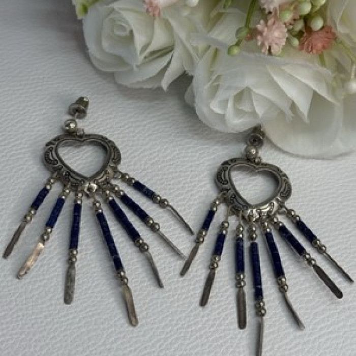 Vintage Native American 925 Sterling Silver Lapis Earrings Length 2.50 Inch