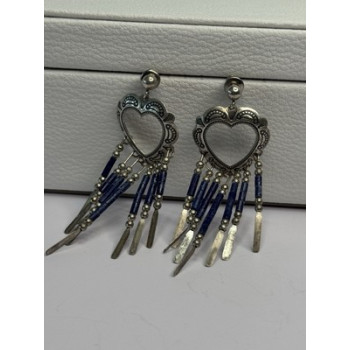 Vintage Native American 925 Sterling Silver Lapis Earrings Length 2.50 Inch