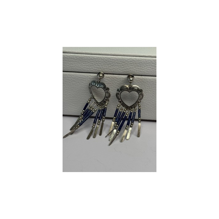 Vintage Native American 925 Sterling Silver Lapis Earrings Length 2.50 Inch