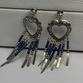 Vintage Native American 925 Sterling Silver Lapis Earrings Length 2.50 Inch