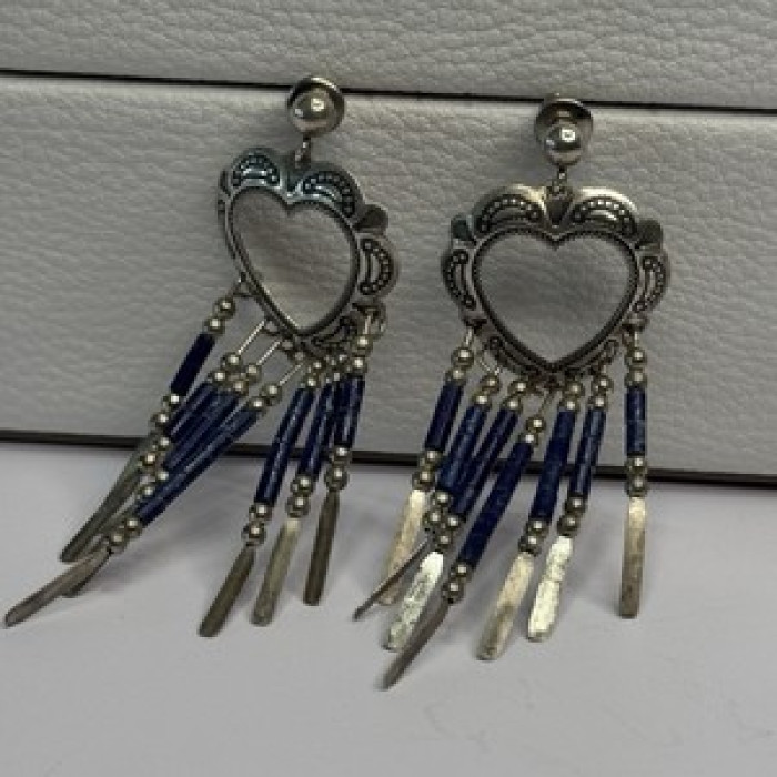 Vintage Native American 925 Sterling Silver Lapis Earrings Length 2.50 Inch