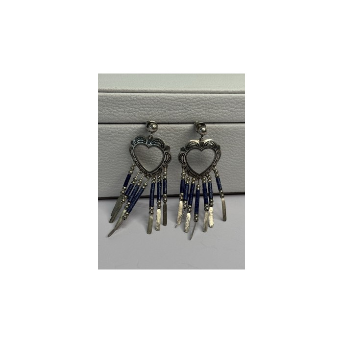 Vintage Native American 925 Sterling Silver Lapis Earrings Length 2.50 Inch