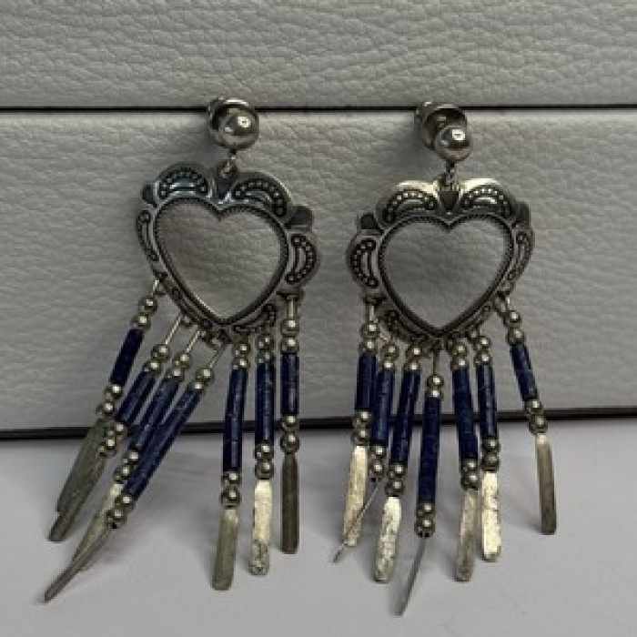 Vintage Native American 925 Sterling Silver Lapis Earrings Length 2.50 Inch