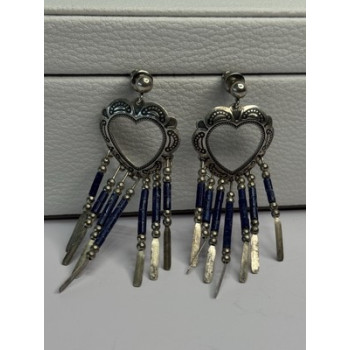 Vintage Native American 925 Sterling Silver Lapis Earrings Length 2.50 Inch
