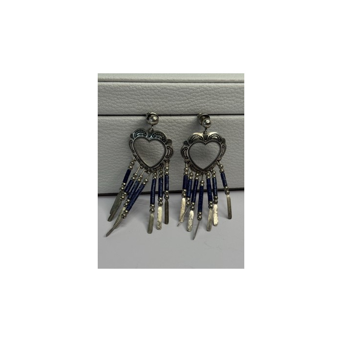 Vintage Native American 925 Sterling Silver Lapis Earrings Length 2.50 Inch