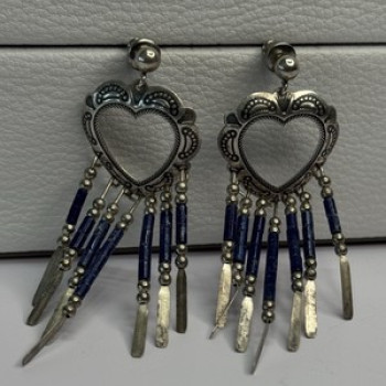 Vintage Native American 925 Sterling Silver Lapis Earrings Length 2.50 Inch