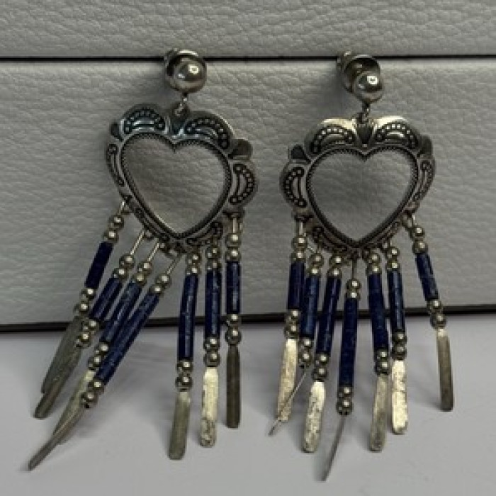 Vintage Native American 925 Sterling Silver Lapis Earrings Length 2.50 Inch