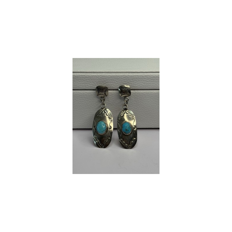 Vintage Native American 925 Sterling Turquoise Silver Earrings Length 1.90 Inch