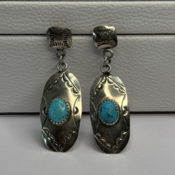 Vintage Native American 925 Sterling Turquoise Silver Earrings Length 1.90 Inch
