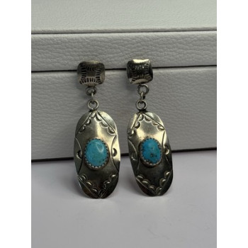Vintage Native American 925 Sterling Turquoise Silver Earrings Length 1.90 Inch