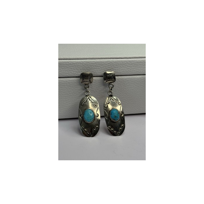 Vintage Native American 925 Sterling Turquoise Silver Earrings Length 1.90 Inch