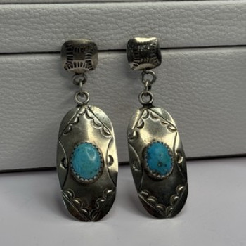 Vintage Native American 925 Sterling Turquoise Silver Earrings Length 1.90 Inch