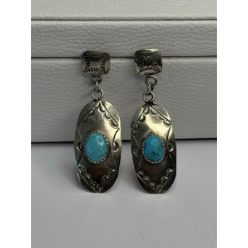 Vintage Native American 925 Sterling Turquoise Silver Earrings Length 1.90 Inch