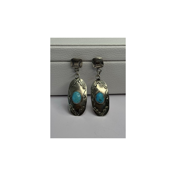 Vintage Native American 925 Sterling Turquoise Silver Earrings Length 1.90 Inch