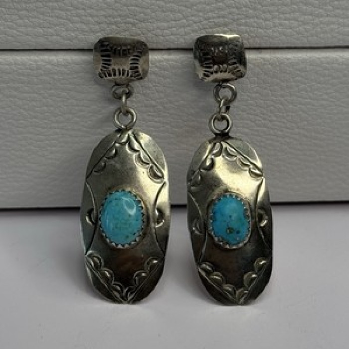 Vintage Native American 925 Sterling Turquoise Silver Earrings Length 1.90 Inch
