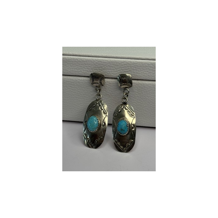 Vintage Native American 925 Sterling Turquoise Silver Earrings Length 1.90 Inch