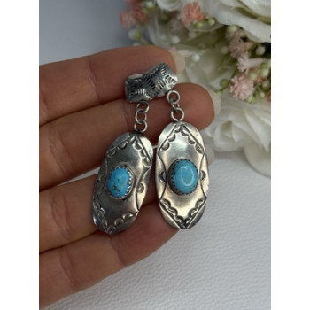 Vintage Native American 925 Sterling Turquoise Silver Earrings Length 1.90 Inch