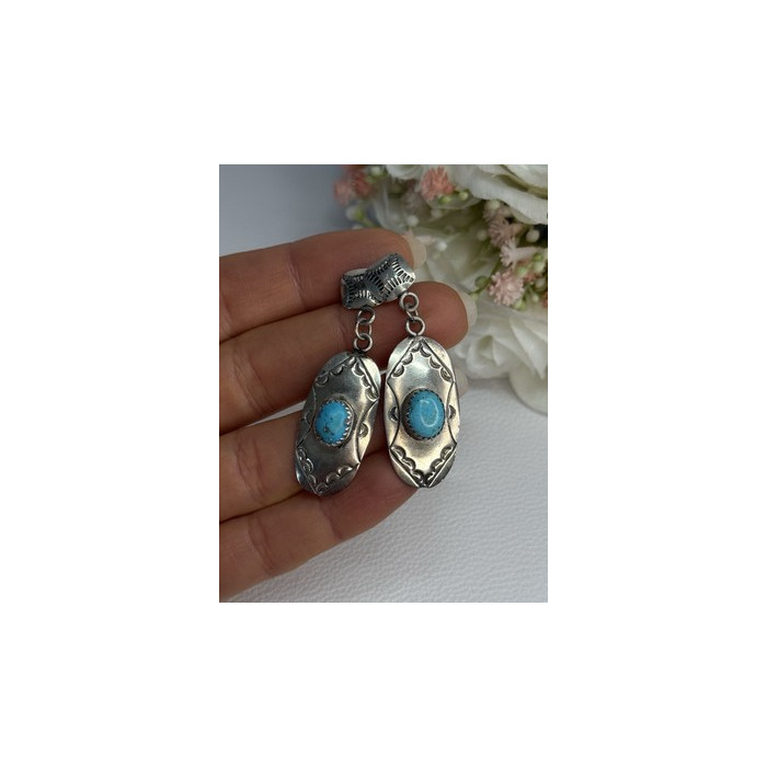 Vintage Native American 925 Sterling Turquoise Silver Earrings Length 1.90 Inch