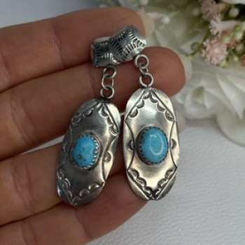Vintage Native American 925 Sterling Turquoise Silver Earrings Length 1.90 Inch