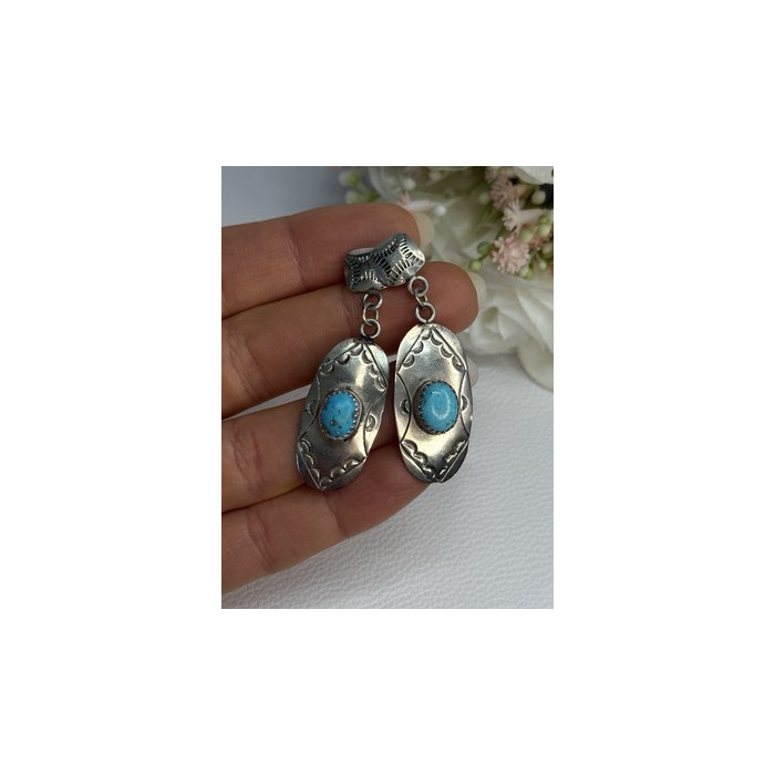 Vintage Native American 925 Sterling Turquoise Silver Earrings Length 1.90 Inch
